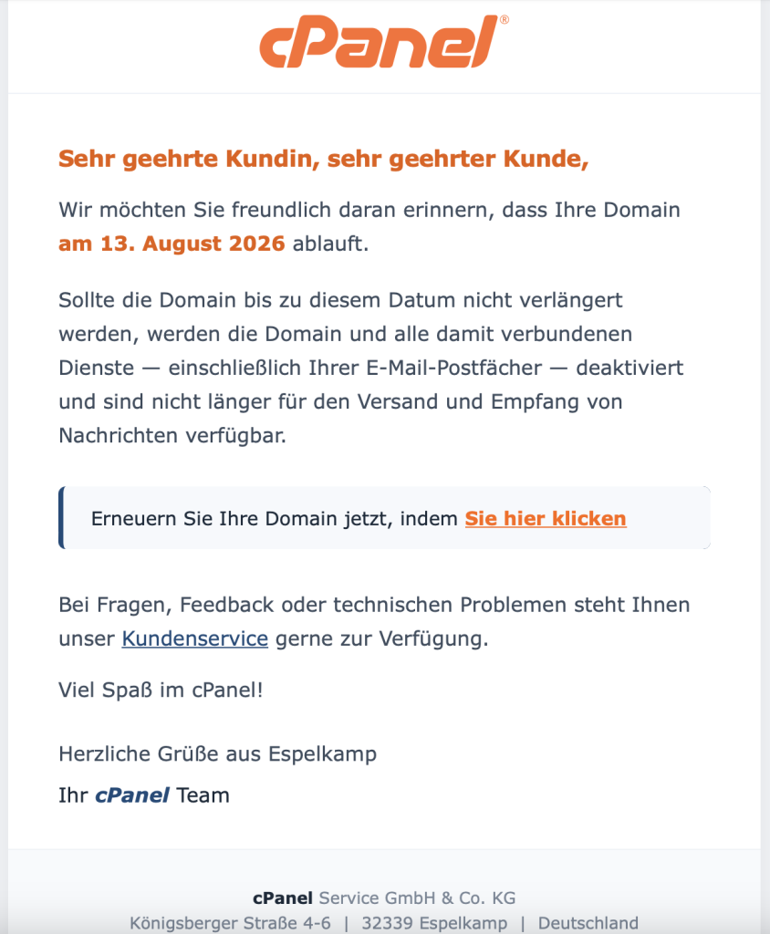Screenshot der gefälschten cPanel-Mail mit der Behauptung, die Domain laufe am 13. August 2026 ab